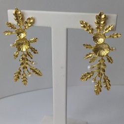Brincos Folhas e Pérolas Prata Dourada 925