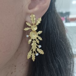 Brincos Folhas e Pérolas Prata Dourada 925