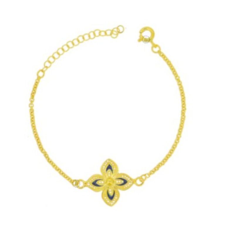 Pulseira Flor Esmalte Filigrana de Prata Dourada