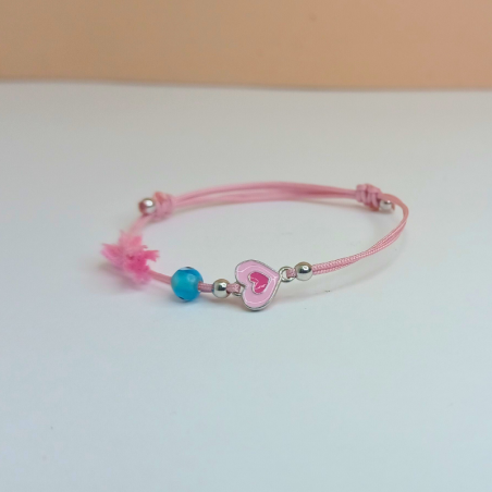 Pulseira Algodão Rosa Coração Prata