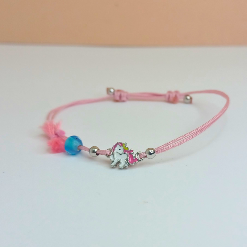 Pulseira Algodão Rosa Unicórnio Prata