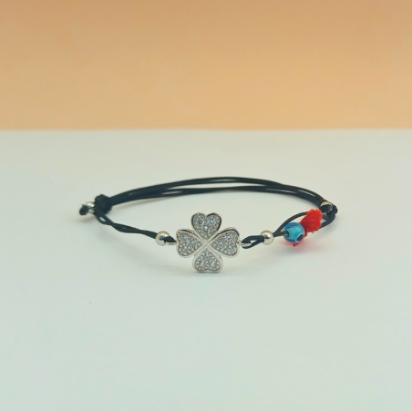 Pulseira Algodão Trevo Corações Prata