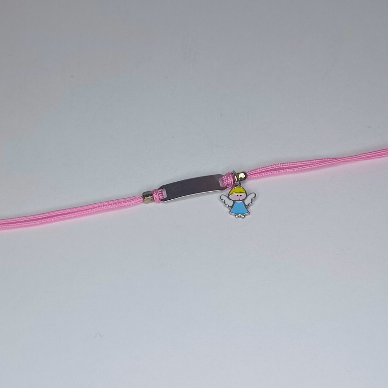 Pulseira Algodão Rosa Chapa Anjo Prata 925