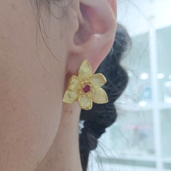 Brincos Flores com zircónia rosa Prata Dourada