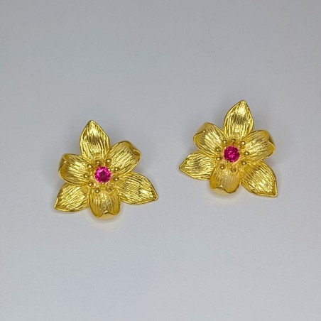 Brincos Flores com zircónia rosa Prata Dourada